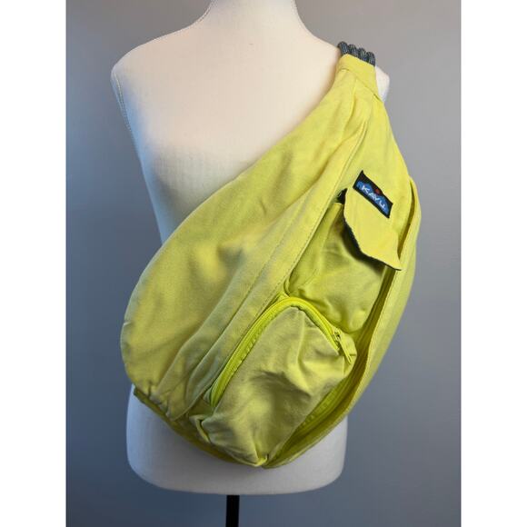 KAVU Rope Sling Bag Lime Neon Yellow Canvas Crossbody Rope Strap Multi Pocket - Picture 1 of 7